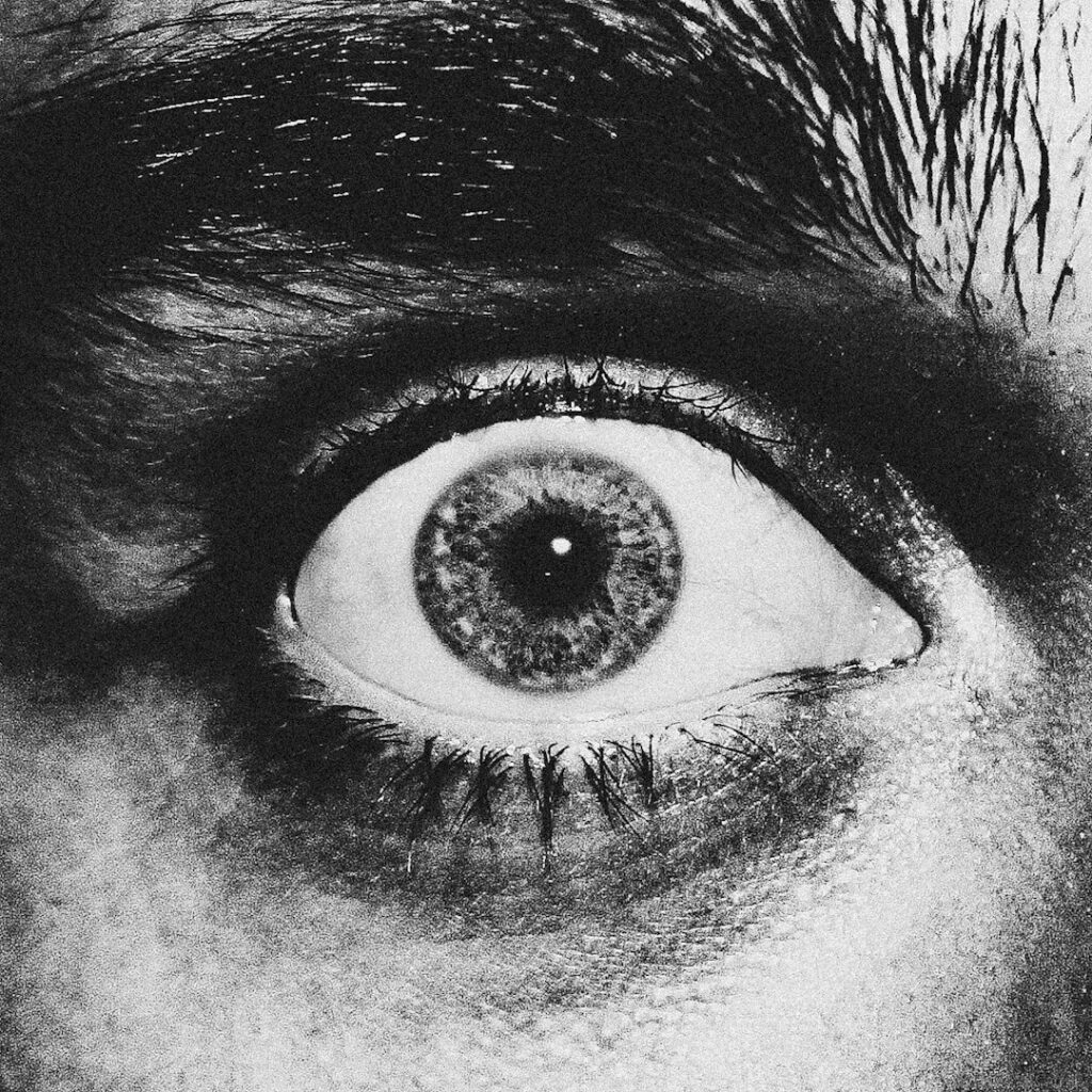 High-contrast black-and-white close-up of an eye